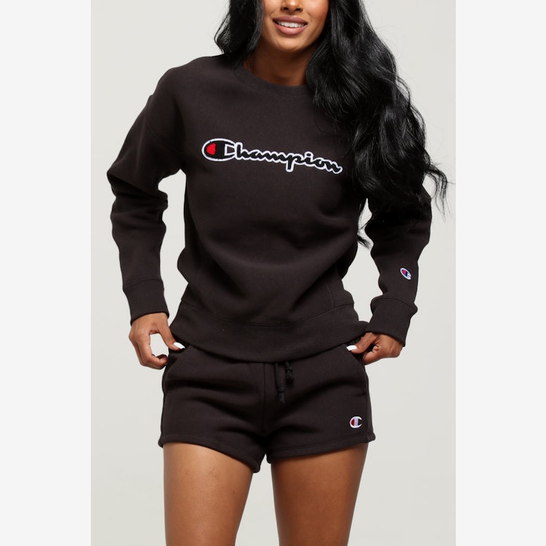 Champion Women's Reverse Weave Chenille Script Crew Black