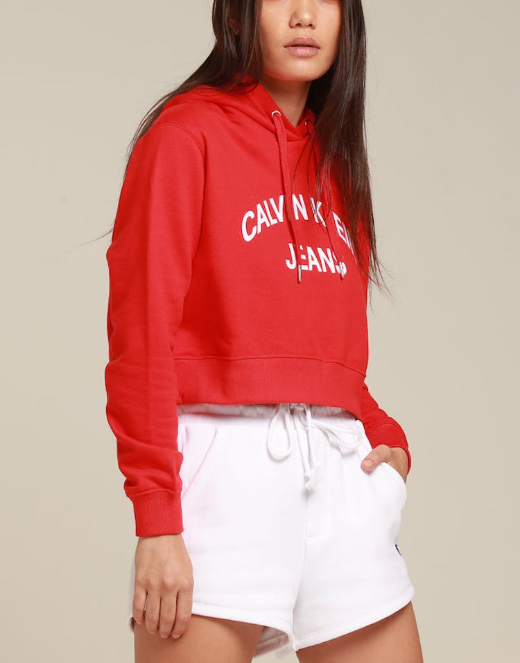 Calvin Klein Women's Institutional Curved Logo Crop Hood Red/White