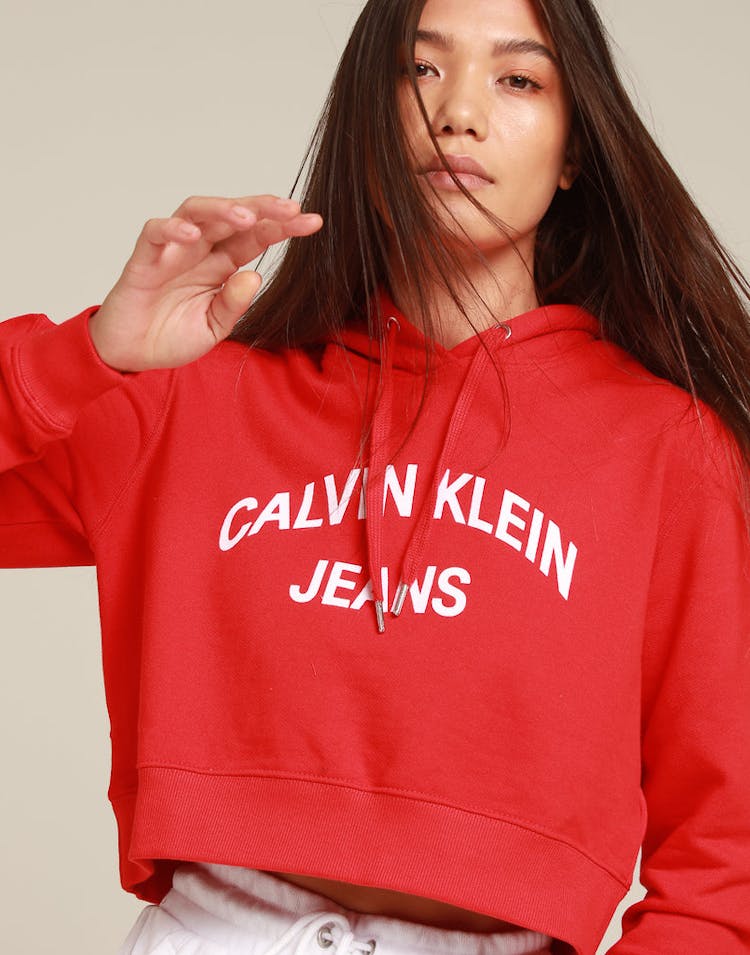 Calvin Klein Women's Institutional Curved Logo Crop Hood Red/White