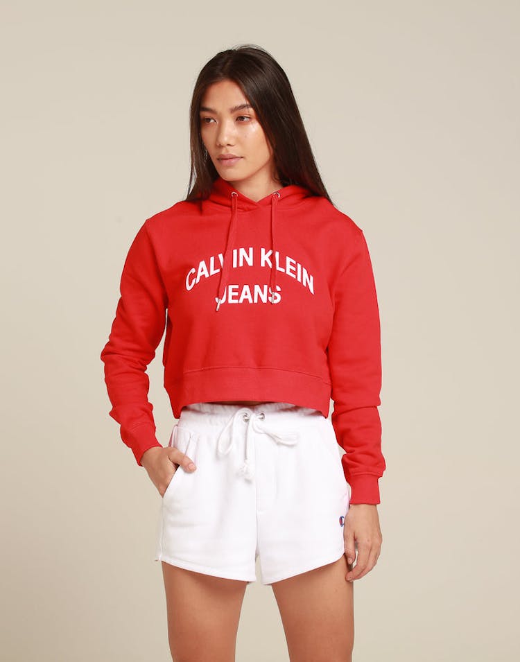Calvin Klein Women's Institutional Curved Logo Crop Hood Red/White
