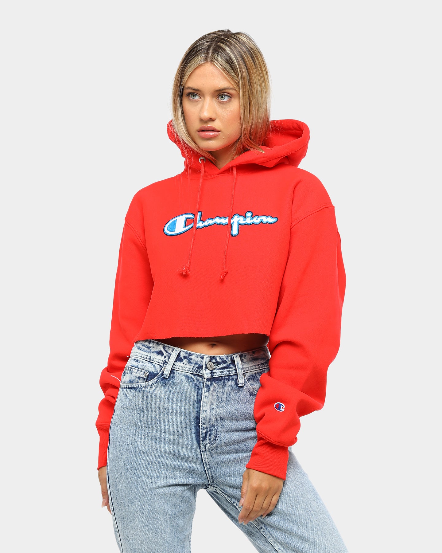 red cropped hoodie champion