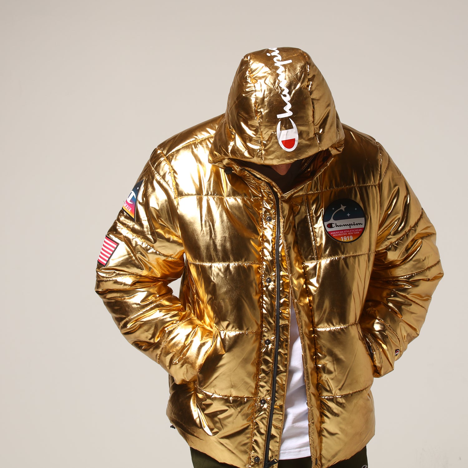 champion metallic gold puffer jacket